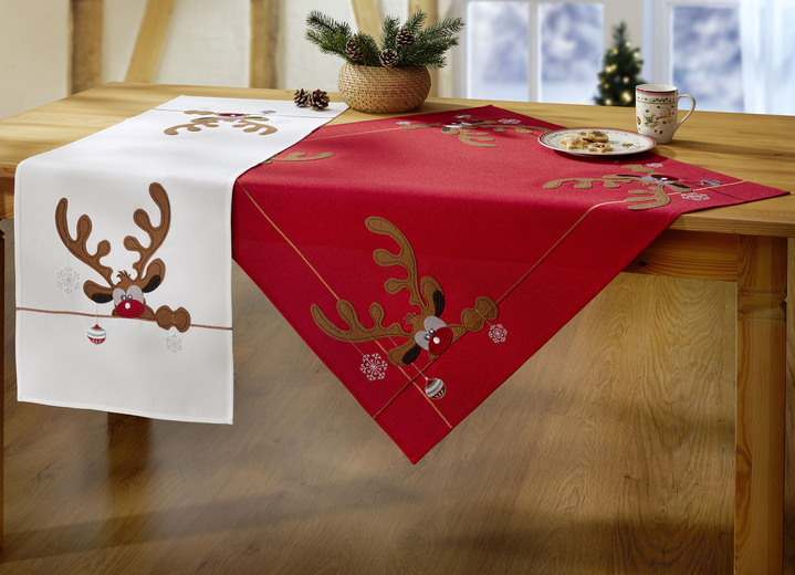 Weihnachtliche Dekorationen - Tisch- und Raumdekoration mit Elch-Motiven, in Größe 101 (Deckchen, 35/ 50 cm) bis 404 (Kissenbezug, 40/ 40 cm), in Farbe SEKT Ansicht 1