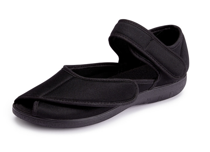 Komfortschuhe - Klett-Sandale aus elastischem Textilmaterial, in Größe 035 bis 042, in Farbe SCHWARZ Ansicht 1