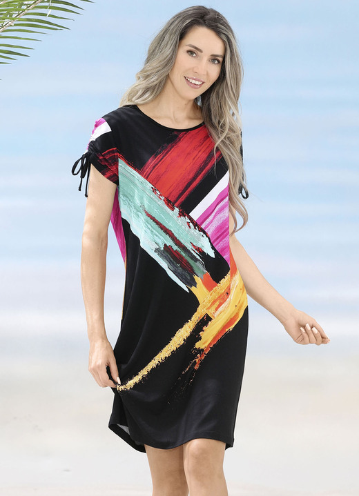 Strandmode - Laurina Kleid mit Druckdessin und raffbaren Ärmeln, in Größe 036 bis 054, in Farbe SCHWARZ-BUNT