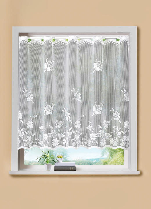 Landhaus & Küche - Kleinfenster-Store Blumenranke mit Stangendurchzug, in Größe 120 (H80xB100 cm) bis 125 (H100xB150 cm), in Farbe WEISS Ansicht 1