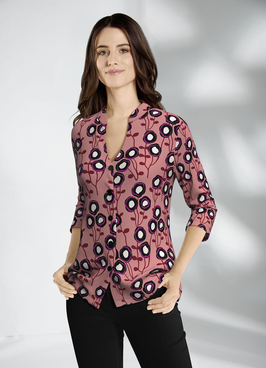 Blusen - Shirtbluse mit Stehkragen, in Größe 036 bis 052, in Farbe ROSENHOLZ-BUNT