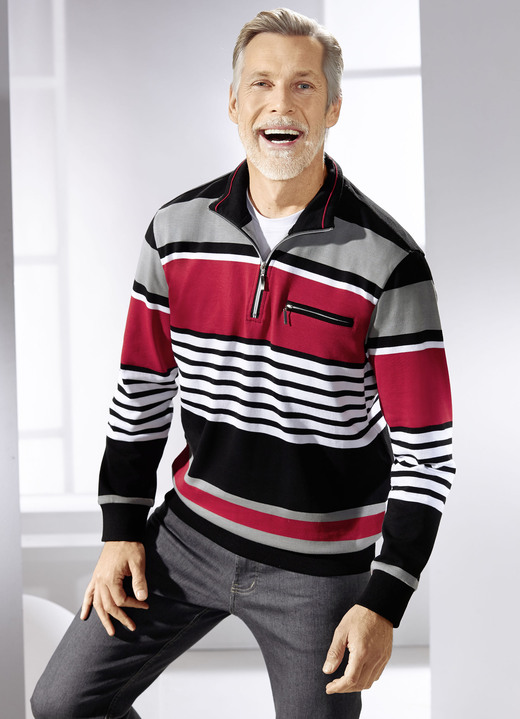 Hemden, Pullover & Shirts - Troyer aus reiner Baumwolle, in Größe 046 bis 062, in Farbe SCHWARZ-WEIß-ROT-GRAU Ansicht 1