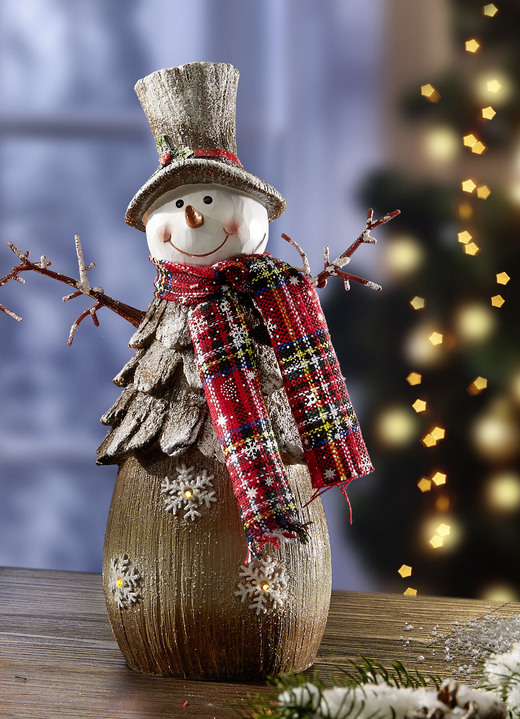 Weihnachtliche Dekorationen - Beleuchteter Schneemann aus Polyresin, in Farbe BRAUN-ROT, in Ausführung Schneemann mit Zylinder
